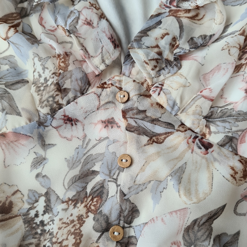 Ally Size 12 Womens V-Neck Cream Grey Sheer Puff Long Sleeves Floral Cropped Top - Picture 4 of 11